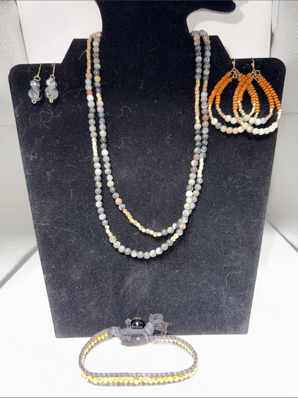 Beaded Layered Necklace Set with Gray and Orange Accents - Women Jewelry